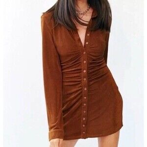 WITH JEAN KNIT ANDY MINI DRESS BUTTON FRONT LONG SLEEVE RUSCHING DETAIL BROWN XS